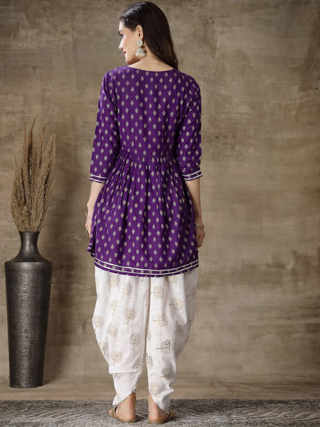 Ethnic Motifs Printed Gotta Patti A Line Kurti With Dhoti Pants