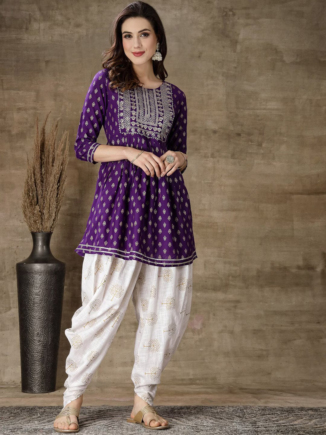 Ethnic Motifs Printed Gotta Patti A Line Kurti With Dhoti Pants