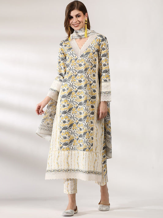 Floral Printed Regular Thread Work Pure Cotton Kurta With Trousers & Dupatta