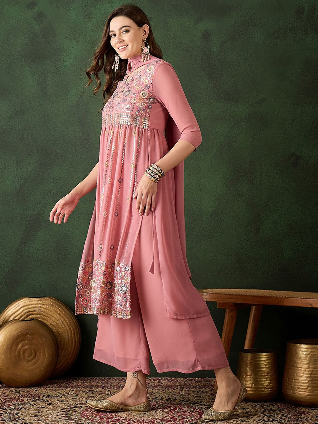 Embroidered Kurta & Trousers With Dupatta