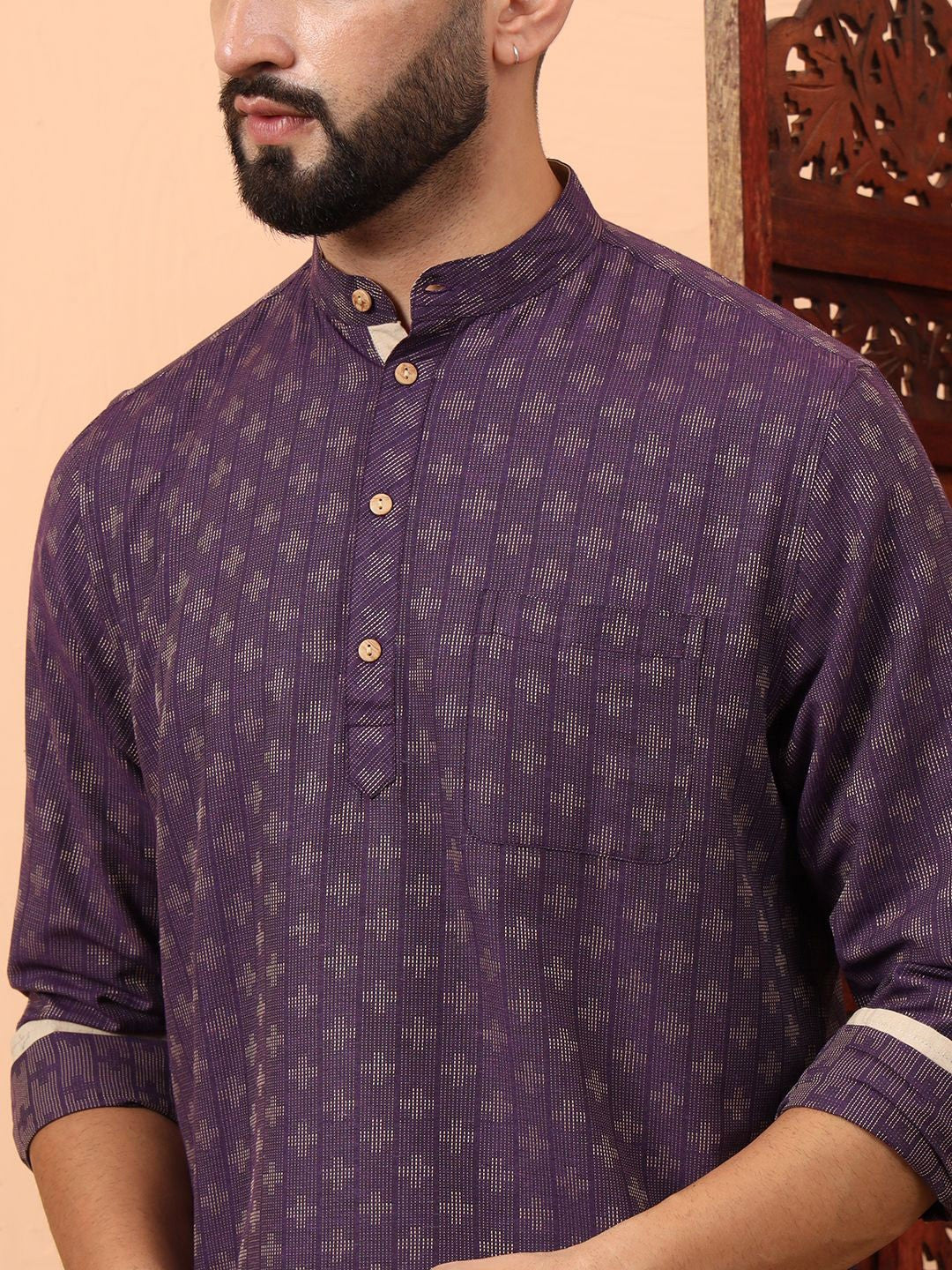 Geometric Woven Design Mandarin Collar Straight Short Kurta