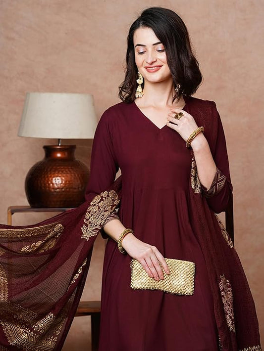 Women's Rayon Blend Solid Anarkali Kurta with Pant & Dupatta