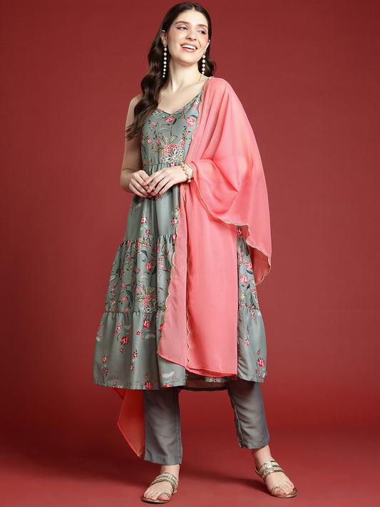 Floral Printed Tiered Kurta with Trousers & Dupatta