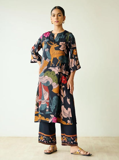 Women's Viscose Rayon Straight Printed Kurta with Palazzo
