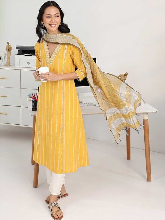 Women Striped Regular Thread Work Kurta with Trousers & With Dupatta