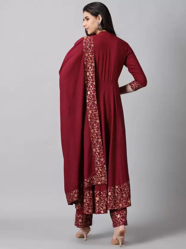 Women  Maroon Viscose Rayon Kurta Palazzo Dupatta Set