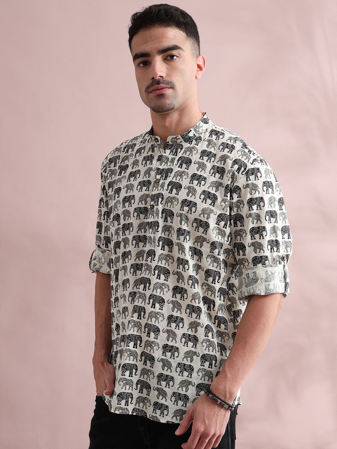 Animal Printed Band Collar Pure Cotton Short Kurta