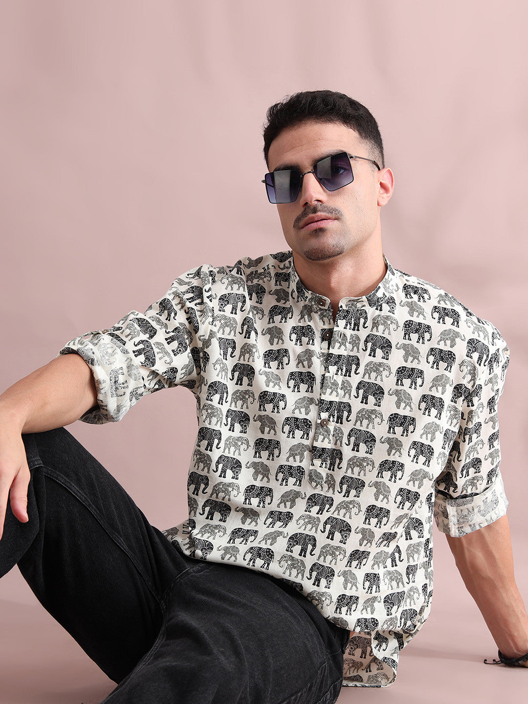 Animal Printed Band Collar Pure Cotton Short Kurta