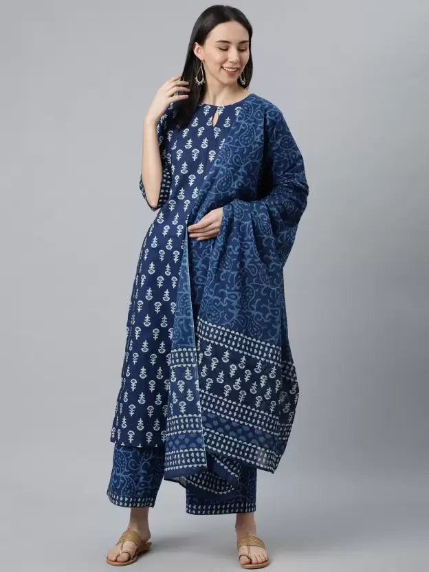 Women Blue Cotton Blend Kurta Palazzo Set