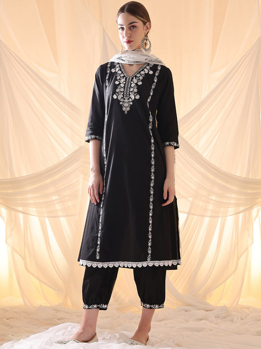 Floral Embroidered Thread Work Pure Cotton A-Line Kurta With Salwar & Dupatta