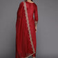 Women Red Viscose Rayon Kurta Trouser Dupatta Set