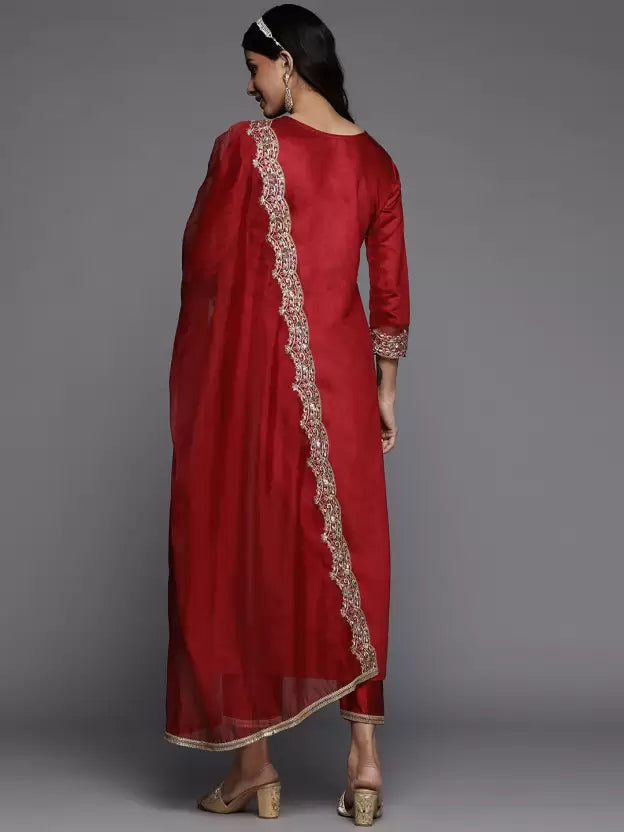 Women Red Viscose Rayon Kurta Trouser Dupatta Set