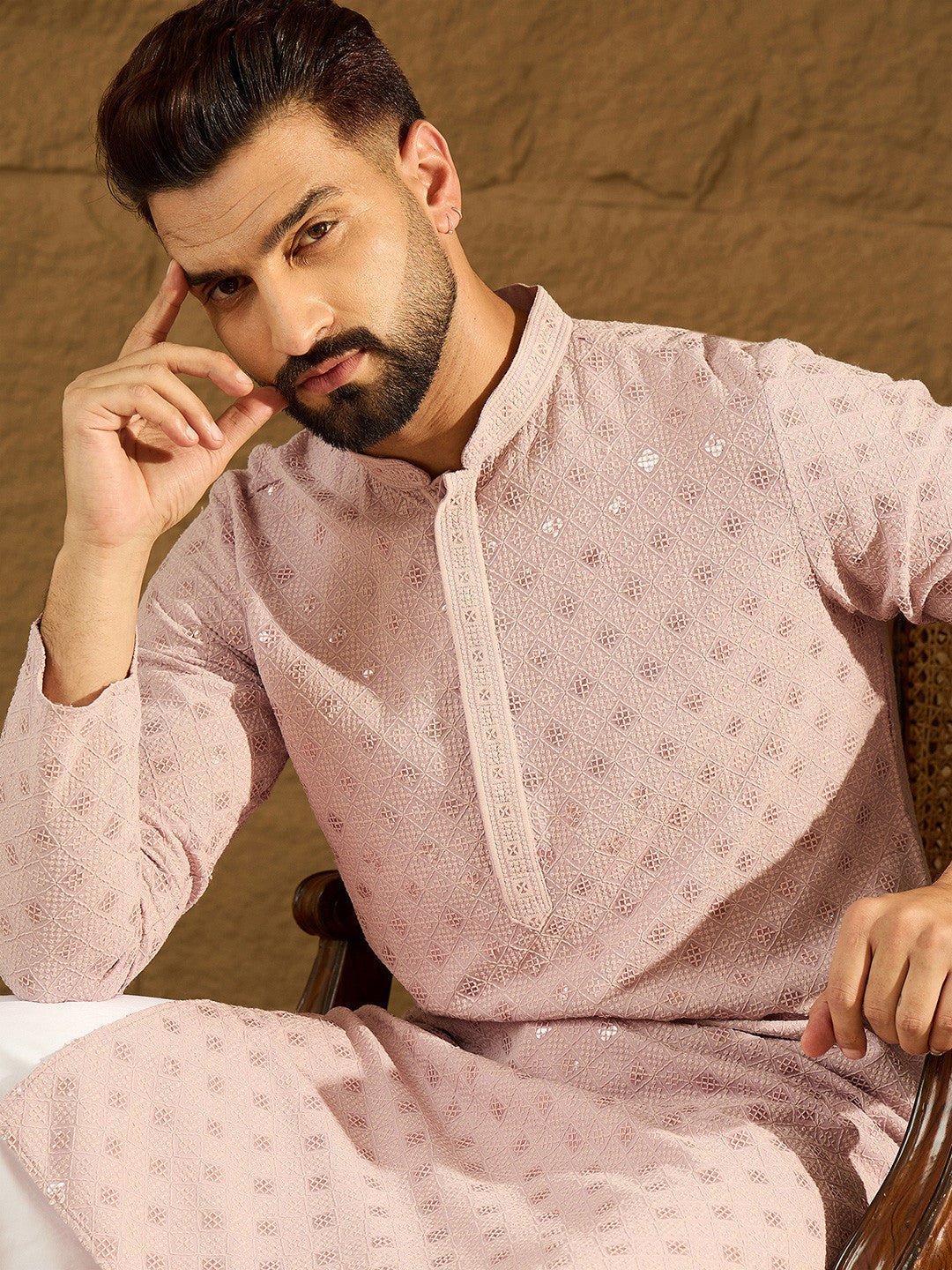 Men Viscose Rayon Embroidered Mandarin Collar Kurta & Trousers