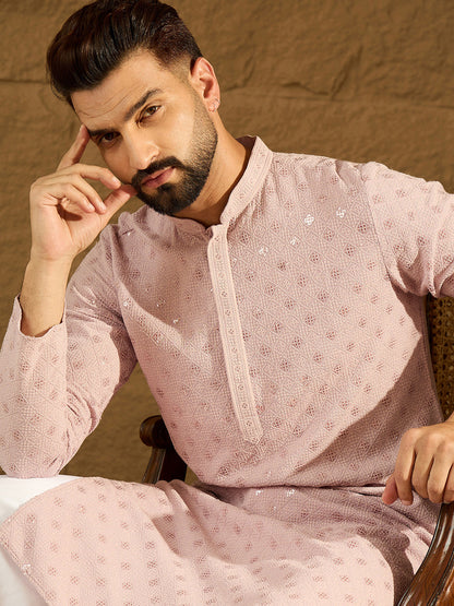 Men Viscose Rayon Embroidered Mandarin Collar Kurta & Trousers