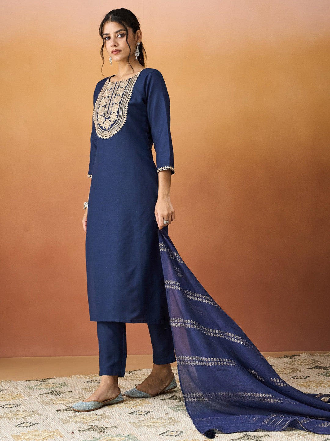Women Ethnic Motifs Embroidered Regular Thread Work Kurta with Trousers & With Dupatta