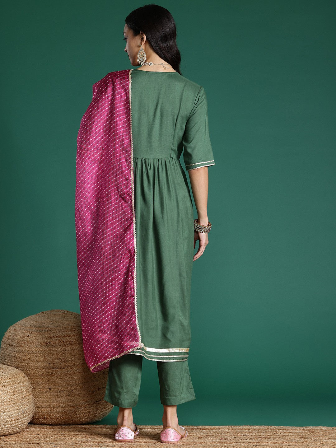 Gotta Patti Detail Empire Kurta Set With Striped Dupatta