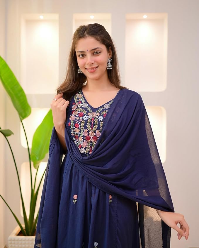 Women Embroidery Solid Anarkali Kurta and Pant Set with Dupatta
