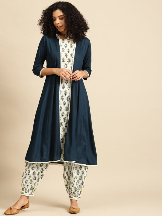 Women White & Teal Blue Printed Layered Kurta with Salwar