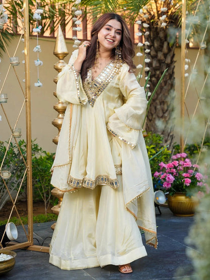 Women Regular Mirror Work Silk Crepe Kurta with Sharara & With Dupatta