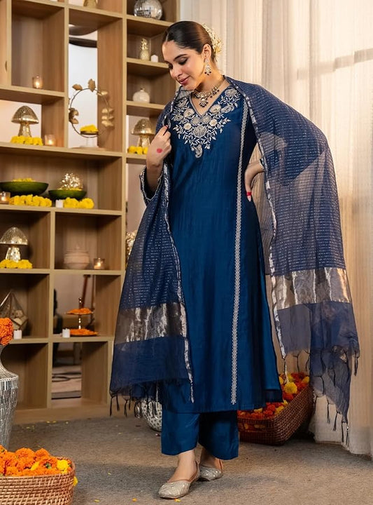 Women Embroidery Solid Straight Kurta and Pant Set with Dupatta