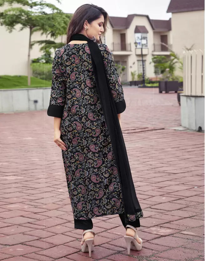 Women Black Crepe Kurta Pant Dupatta Set