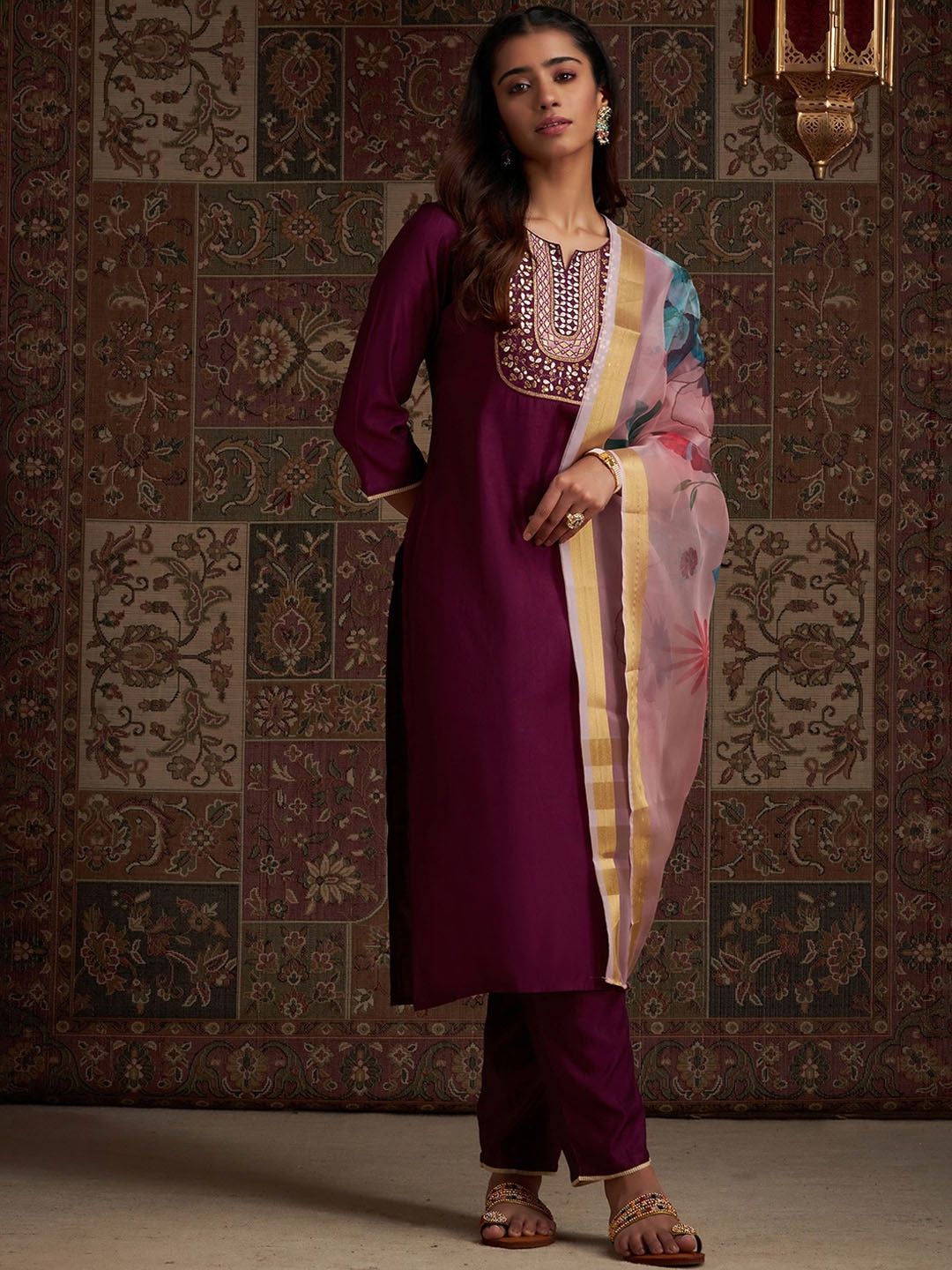 Women Floral Embroidered Sequinned Liva Kurta With Trousers & With Dupatta