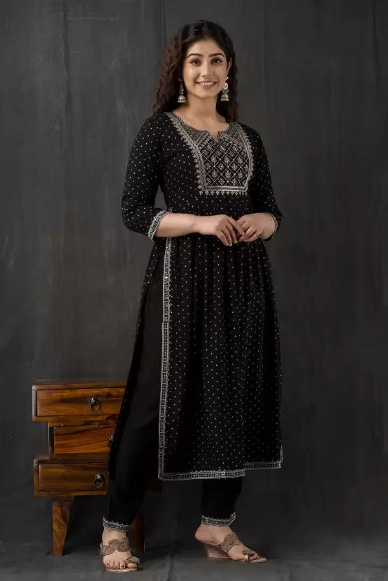 Women Black Viscose Rayon Kurta and Churidar Set