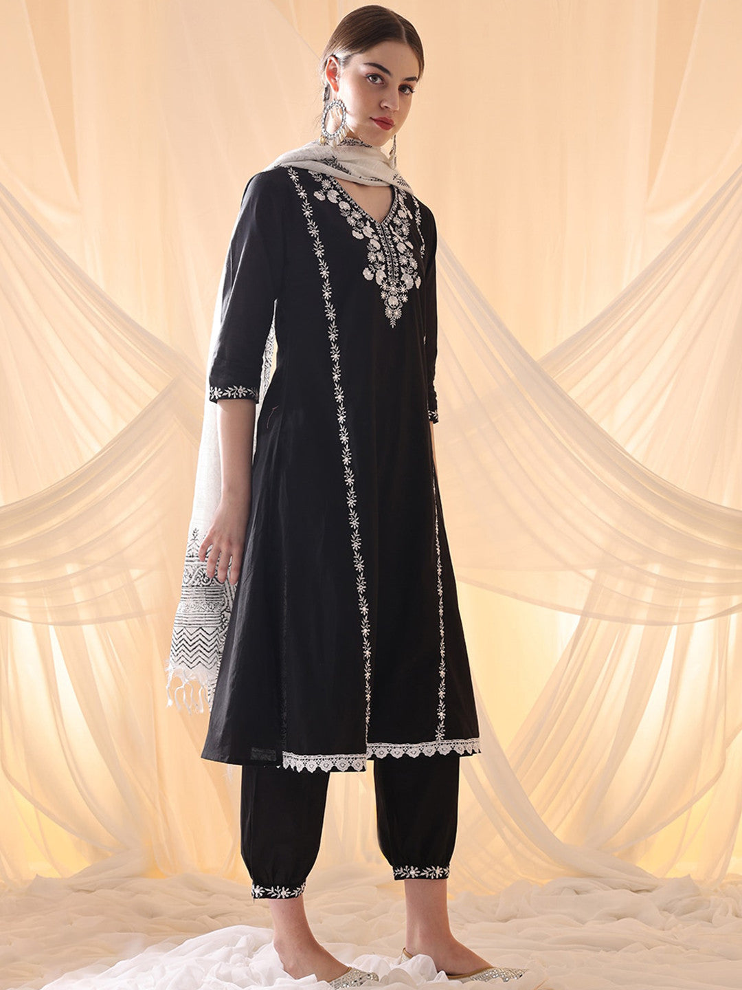 Floral Embroidered Thread Work Pure Cotton A-Line Kurta With Salwar & Dupatta