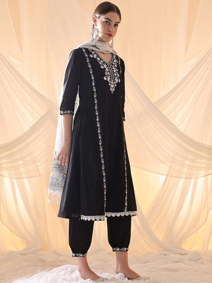 Floral Embroidered Thread Work Pure Cotton A-Line Kurta With Salwar & Dupatta