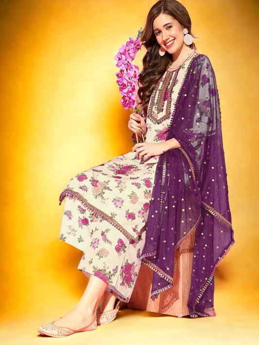 Women Beige Floral Printed Kurta Set