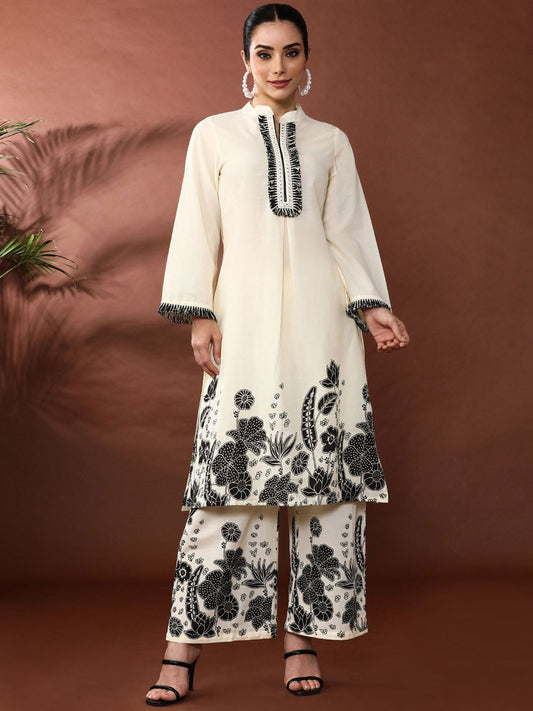 Floral Printed Mandarin Collar Pure Cotton Straight Kurta With Palazzos