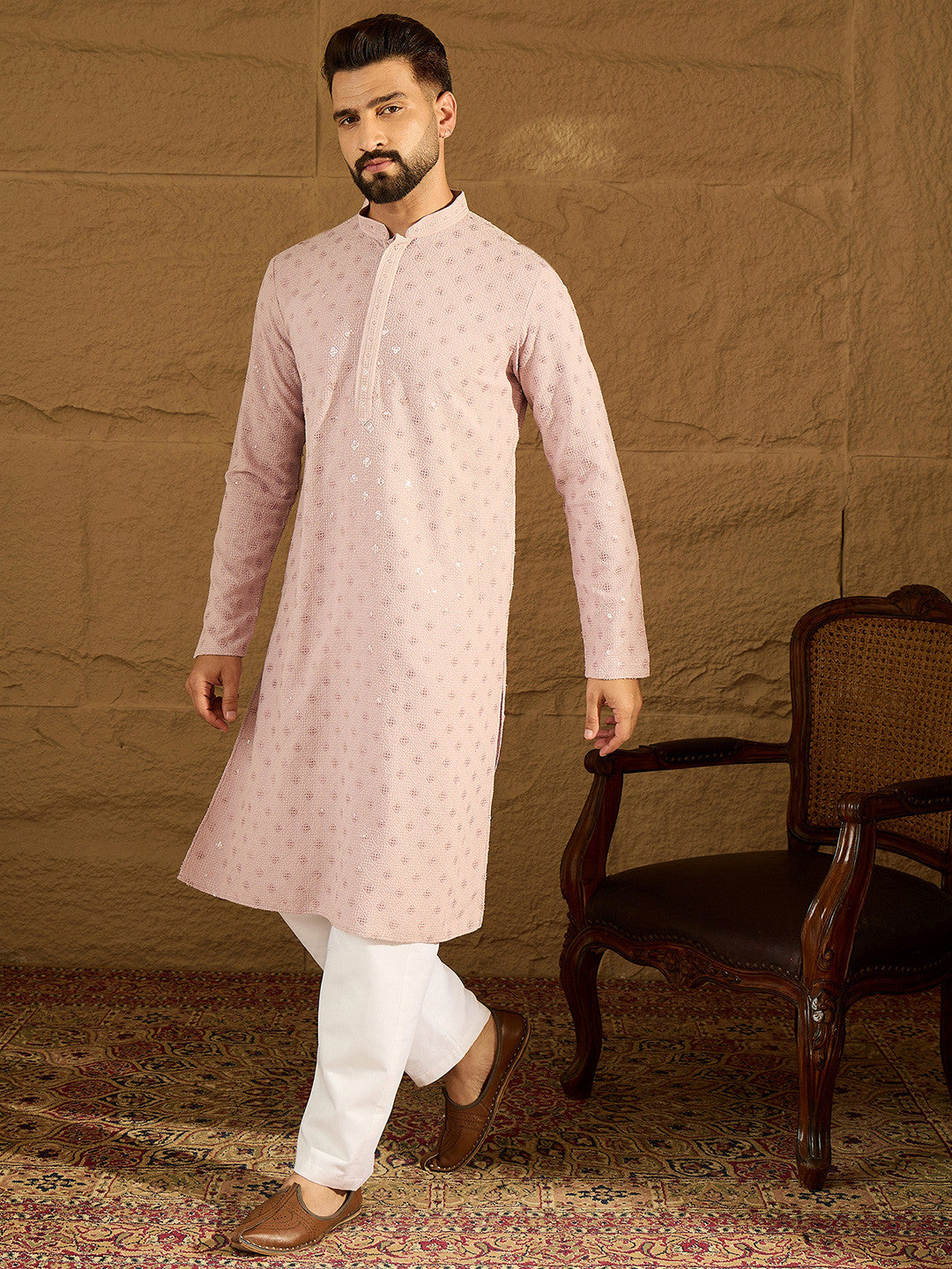 Men Viscose Rayon Embroidered Mandarin Collar Kurta & Trousers