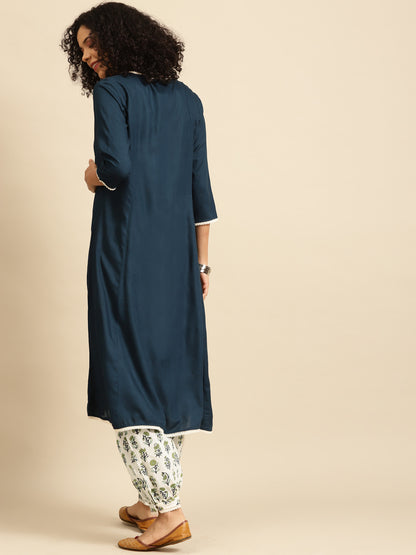 Women White & Teal Blue Printed Layered Kurta with Salwar