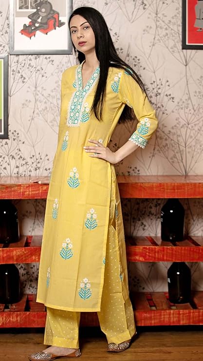 Women's Cotton Blend Straight Hand Block Printed Kurta with Pant & Dupatta
