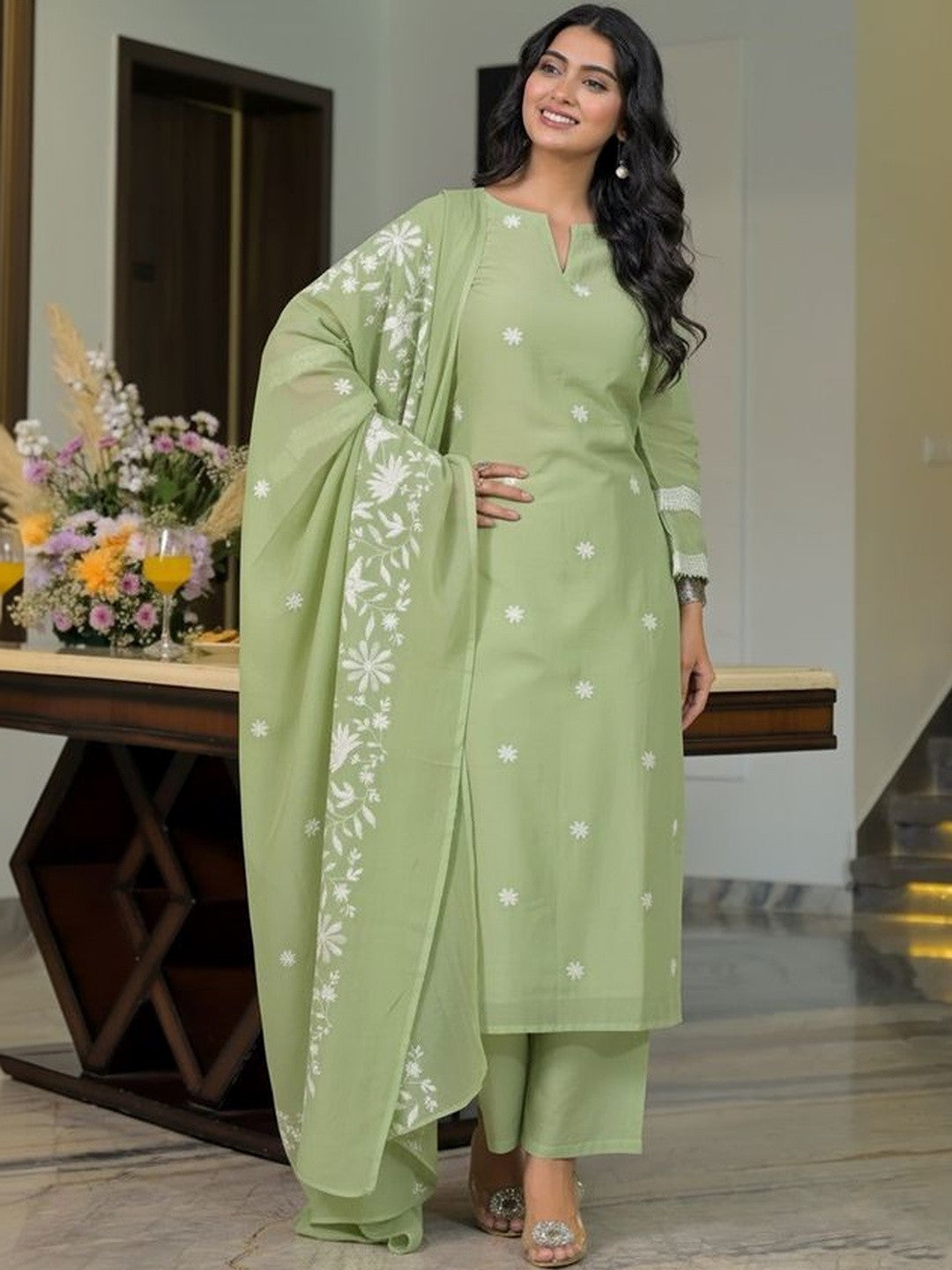 Women Floral Embroidered Regular Thread Work Chanderi Cotton Kurta with Trousers & With Dupatta