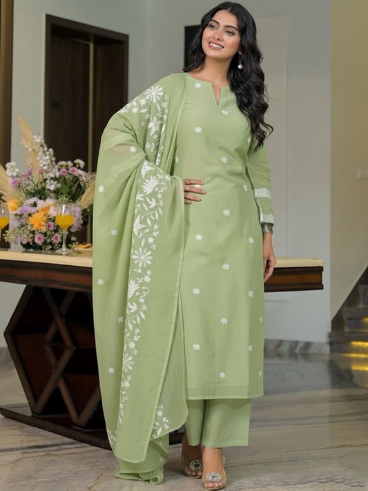 Women Floral Embroidered Regular Thread Work Chanderi Cotton Kurta with Trousers & With Dupatta