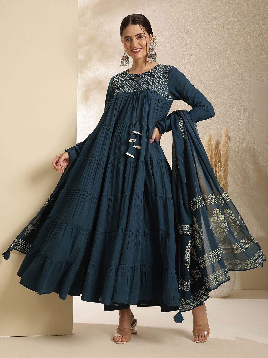 Women Floral Embroidered Cotton Anarkali Pleated Kurta with Trousers & Dupatta