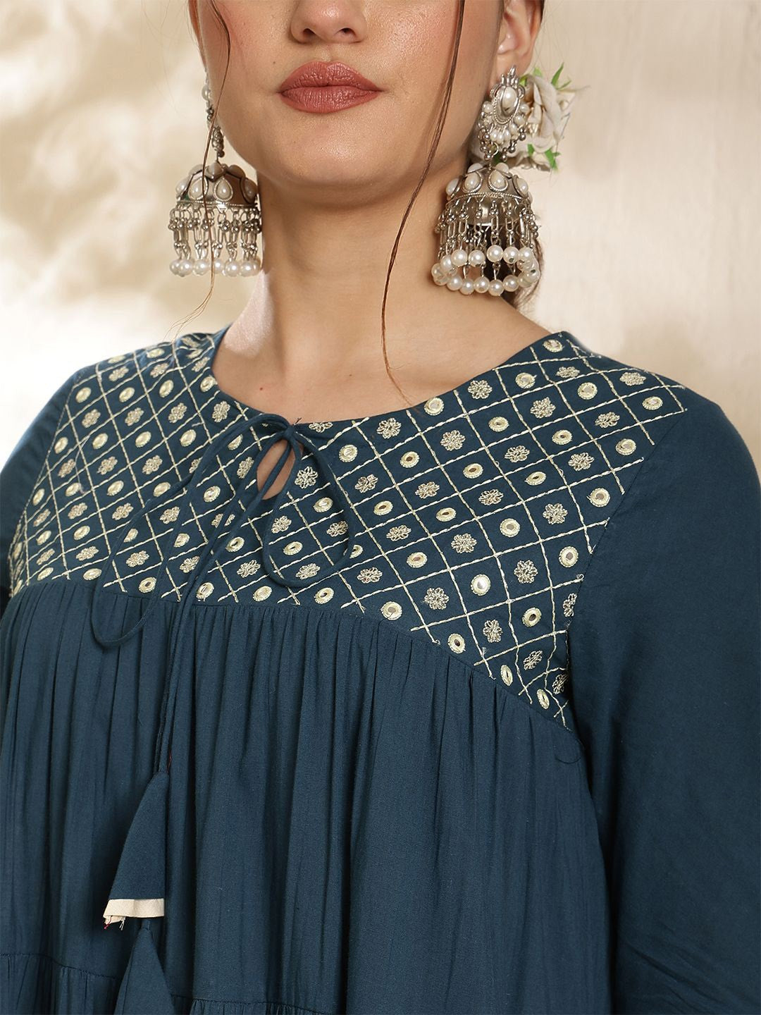 Women Floral Embroidered Cotton Anarkali Pleated Kurta with Trousers & Dupatta