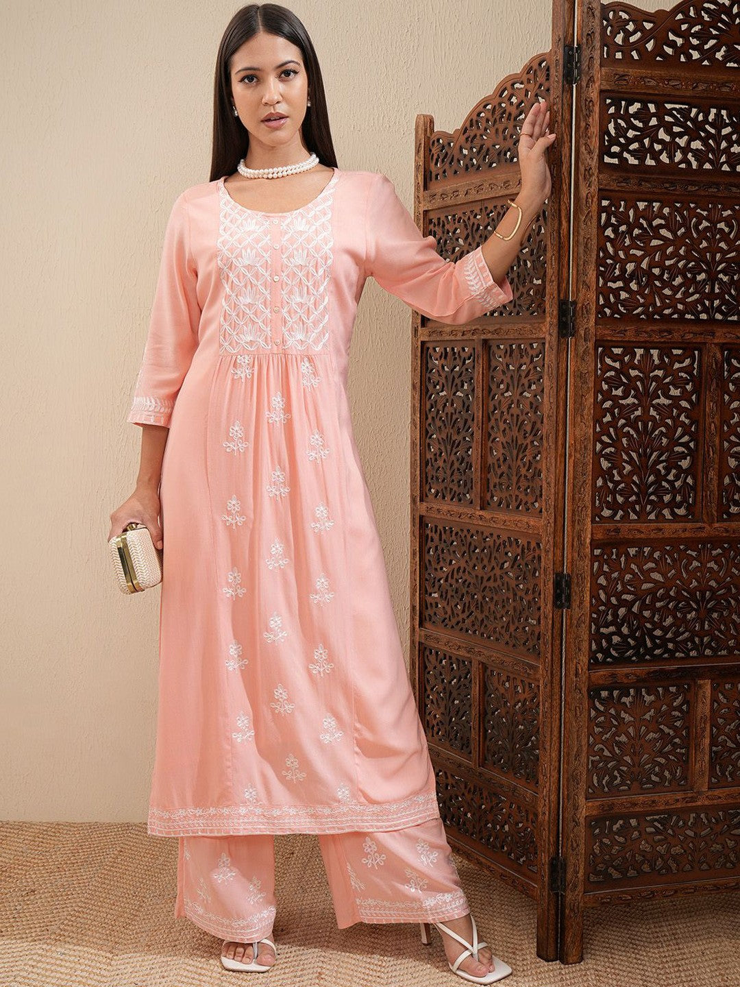 Peach-Coloured Floral Embroidered Thread Work Straight Kurta With Palazzos