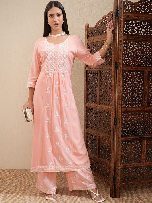 Peach-Coloured Floral Embroidered Thread Work Straight Kurta With Palazzos