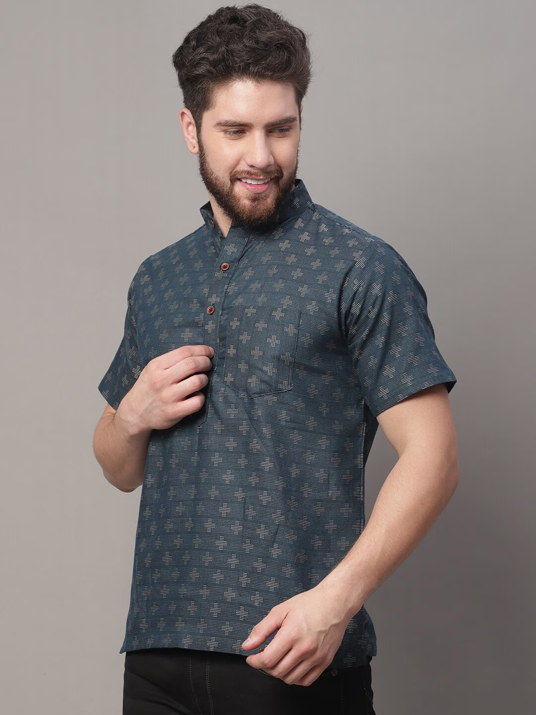 Woven Design Mandarin Collar Pure Cotton Kurta