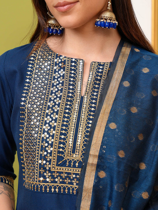 Ethnic Motifs Yoke Designed Sequined Straight Kurta with Palazzos & Dupatta - Amy's Cart