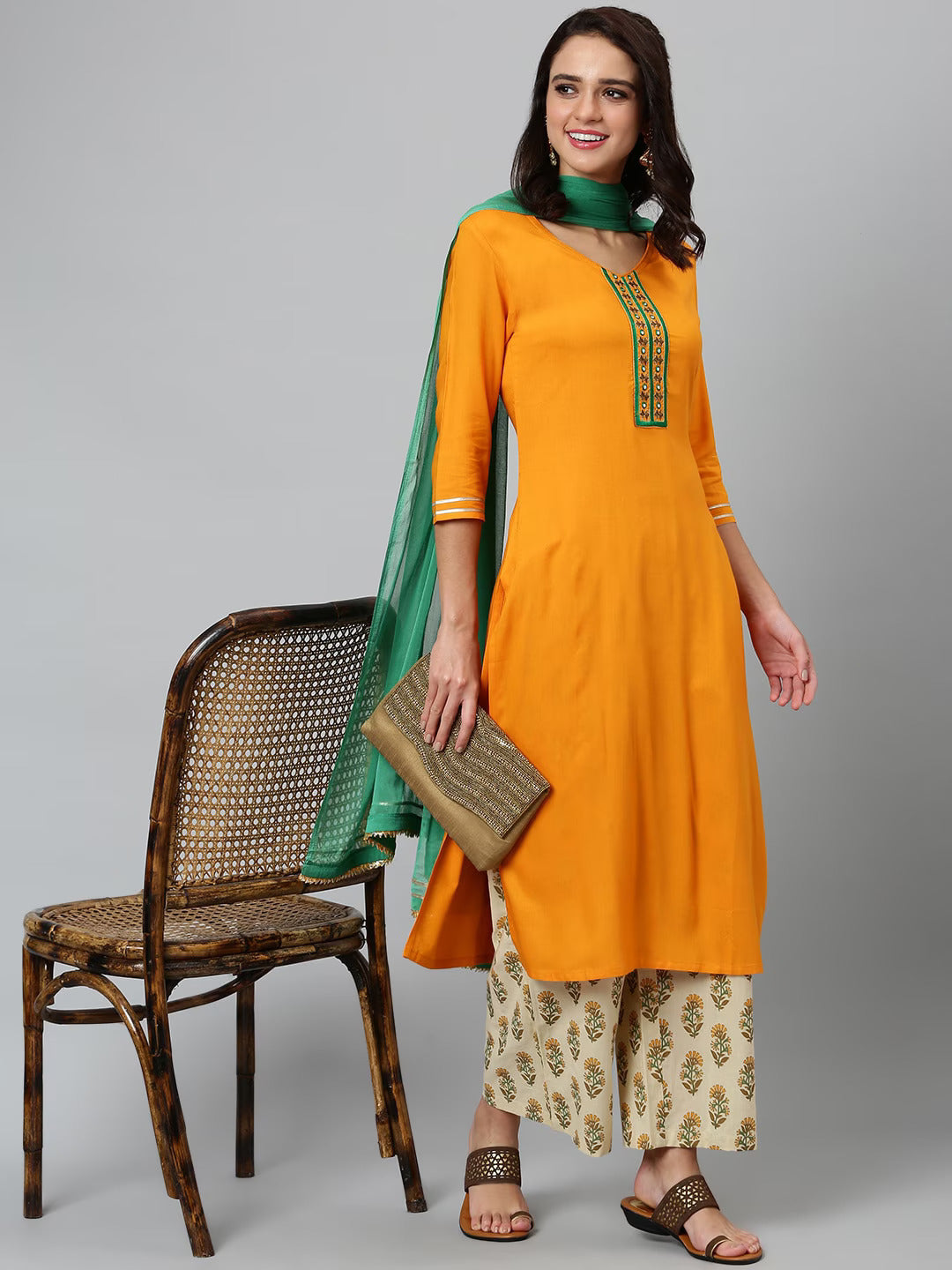 Women Mustard Yellow Printed Yoke Design Regular Kurta with Palazzos & Dupatta