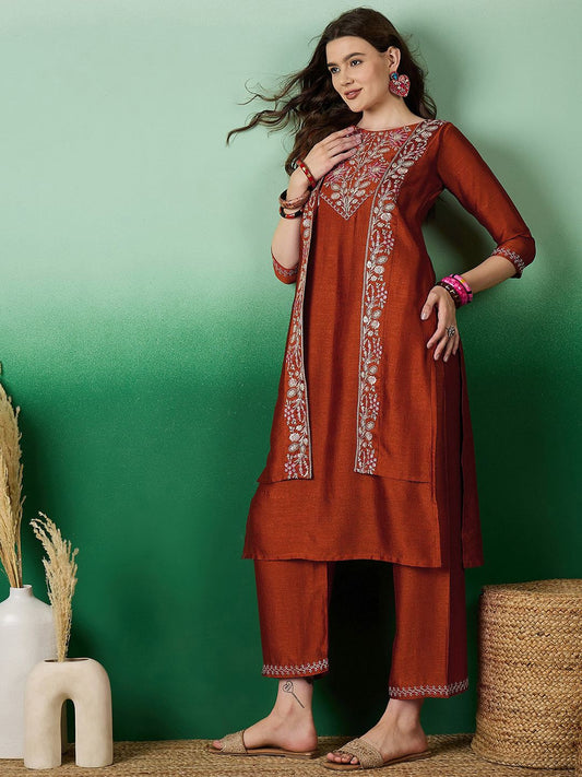 Embroidered Straight Kurta Set With Shrug