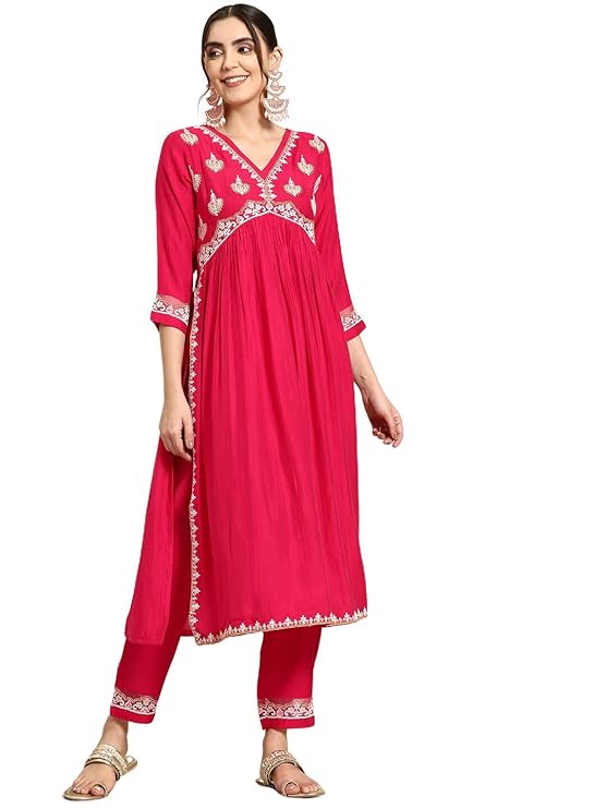 Women's Rayon Embroidered Alia Cut Regular Kurta With Pant