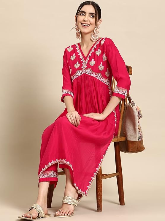 Women's Rayon Embroidered Alia Cut Regular Kurta With Pant