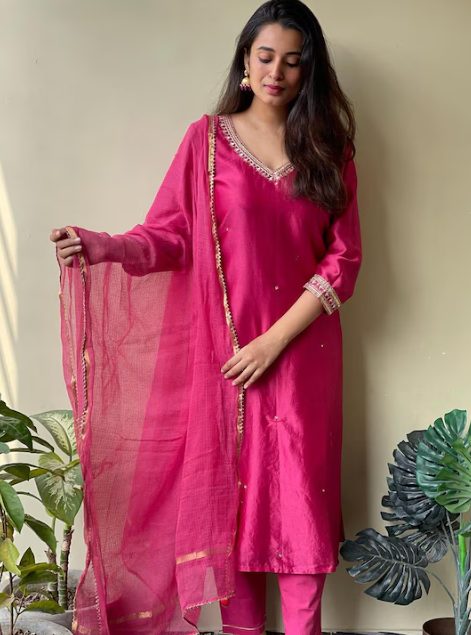 Thread Work V Neck Straight Kurta with Trousers & With Dupatta