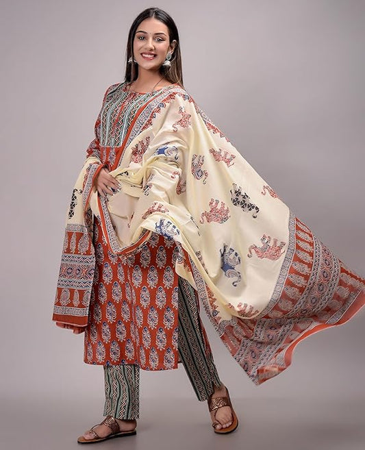 Women Straight Printed Kurta and Pant with Elephant Print Dupatta