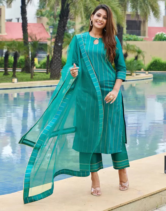 Women Blue Art Silk Kurta Palazzo Dupatta Set