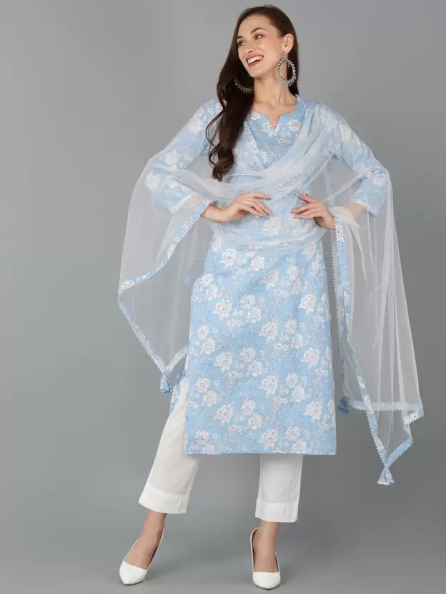 Women Cotton Rayon Kurta Pant Dupatta Set